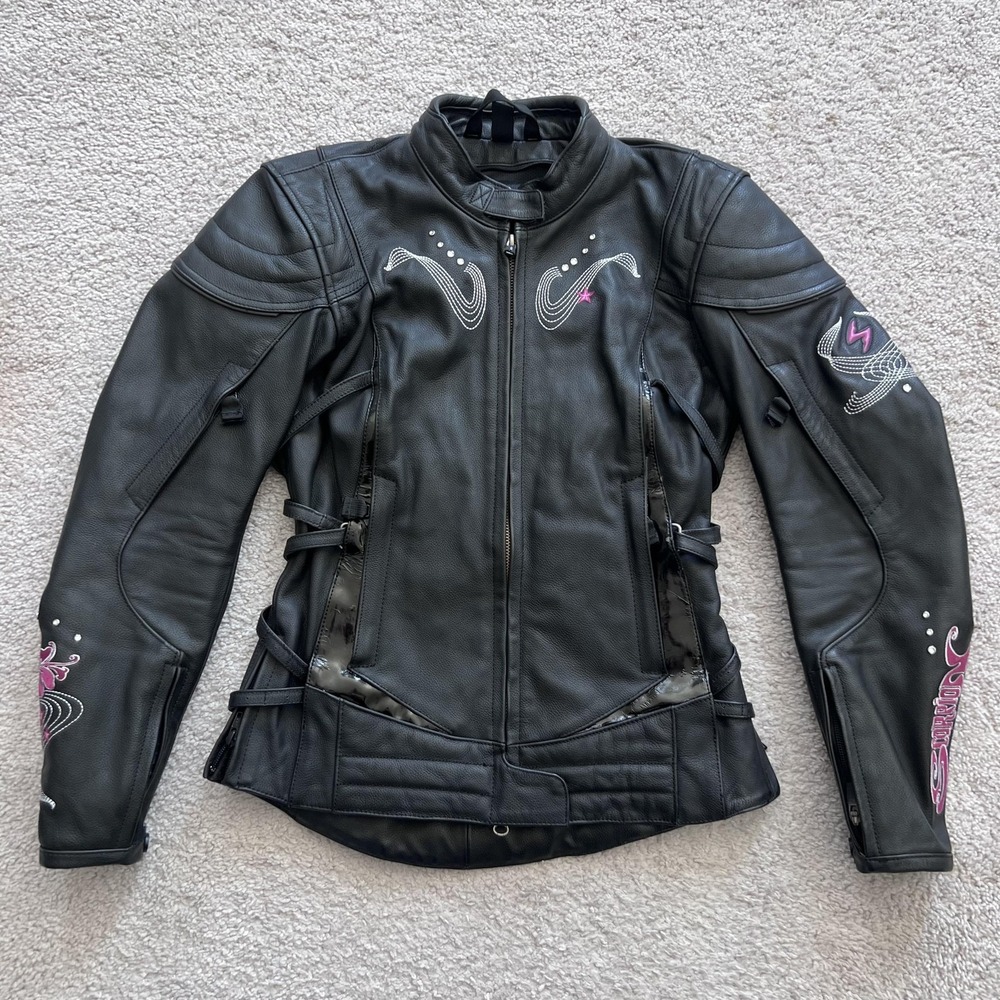 Scorpion EXO Leather Motorcycle Biker Jacket Womens XS Black Floral Embroidered